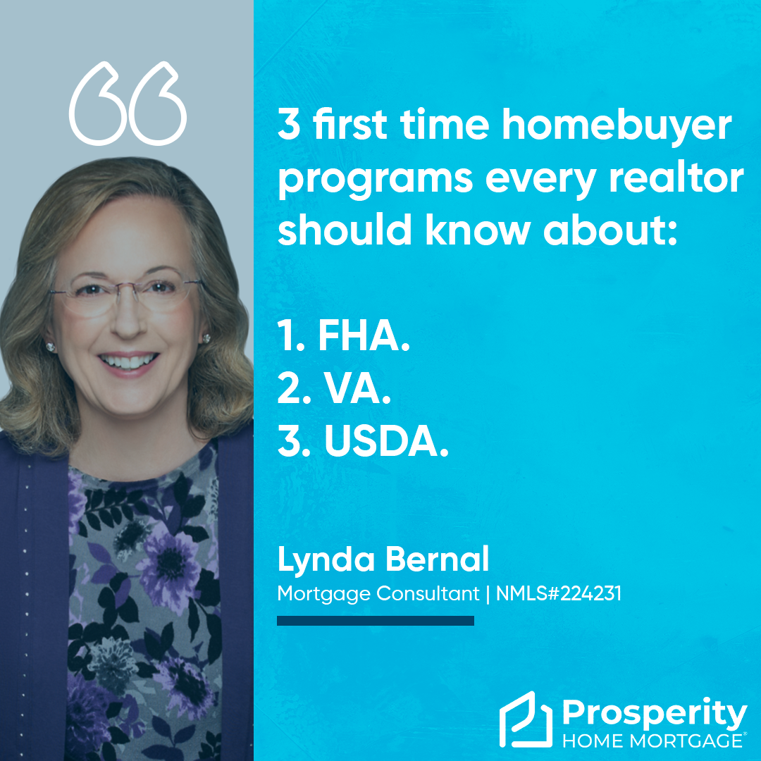 3 first time homebuyer programs every realtor should know about: 1. FHA. 2. VA. 3. USDA.